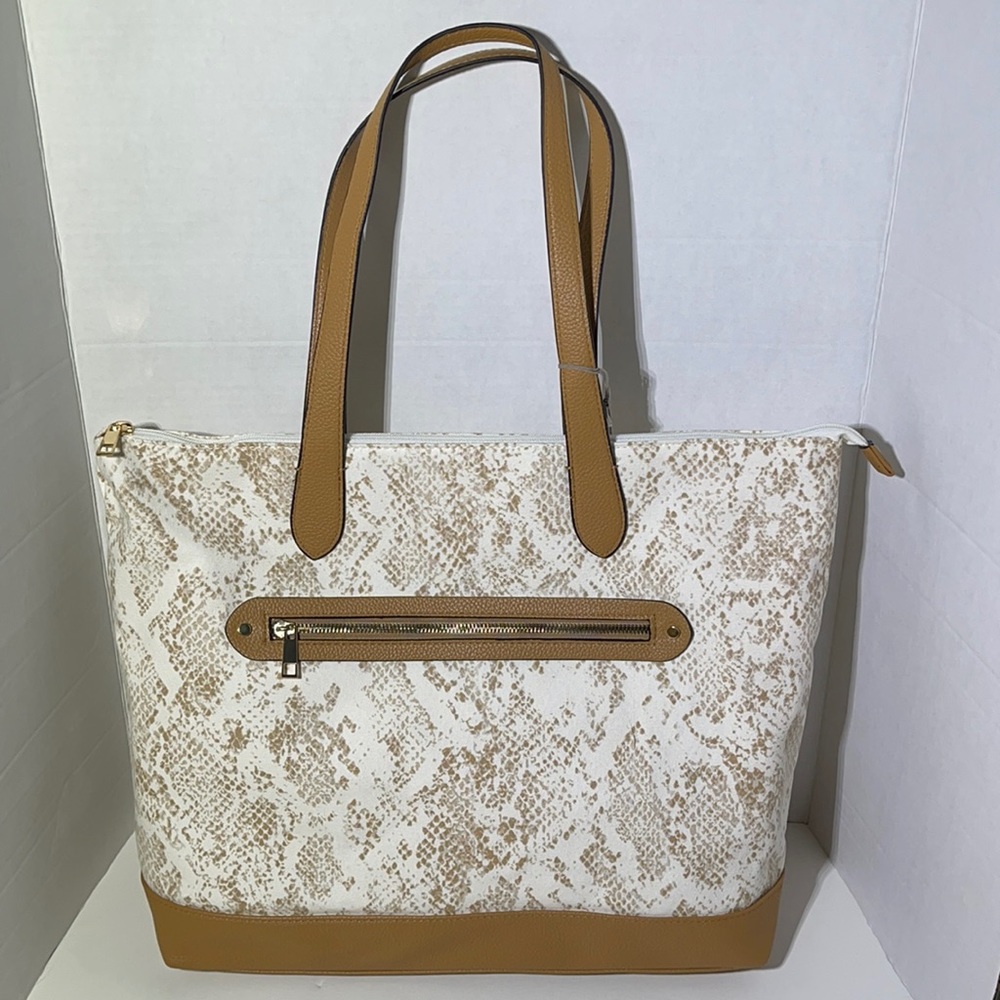 Women’s Large Tan Snake Skin Print Zipper Tote Bag
